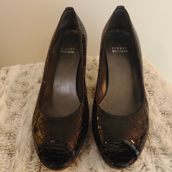 Stuart Weitzman Black Croc Peep Toe Pumps - Picture 1 of 7